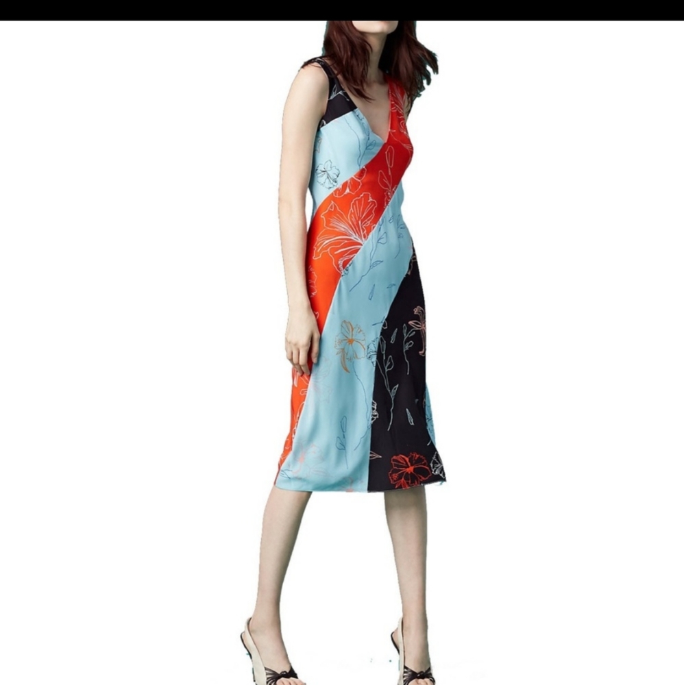 Diane Von Furstenberg Blue + Orange + Black Floral Midi Dress - Picture 2 of 11